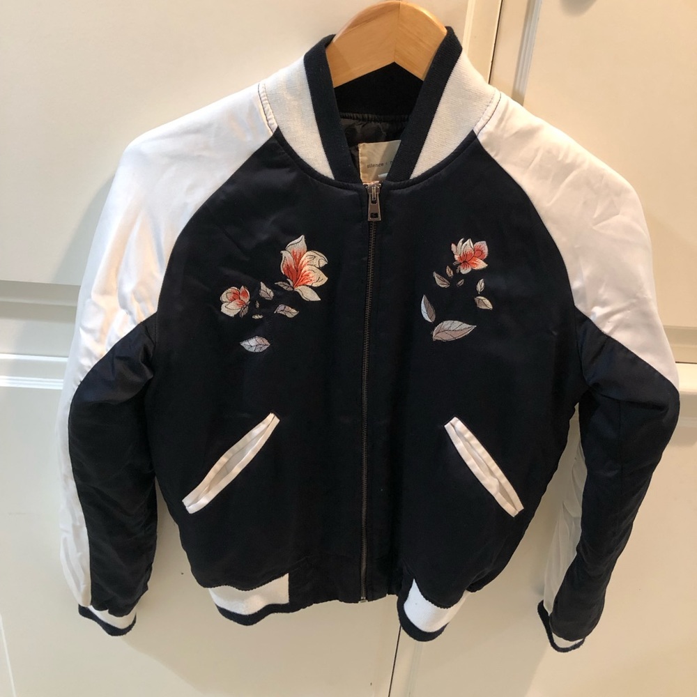 Beautiful Urban Outfitter satiny bomber jacket with intricate flower detailing